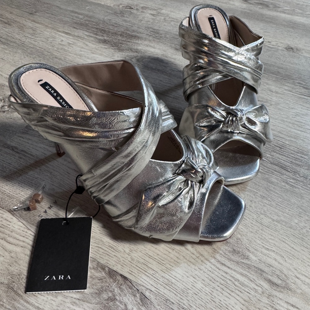 Zara Silver Strappy Heeled Sandals